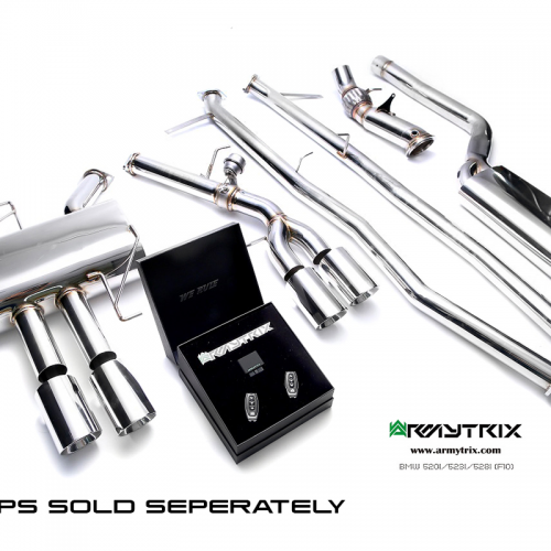 Armytrix – Stainless Steel Front pipe with resonator + Mid pipe (L and R) + Valvetronic link pipe + Mufflers + Wireless remote control kit for BMW 5 SERIES F10 520I