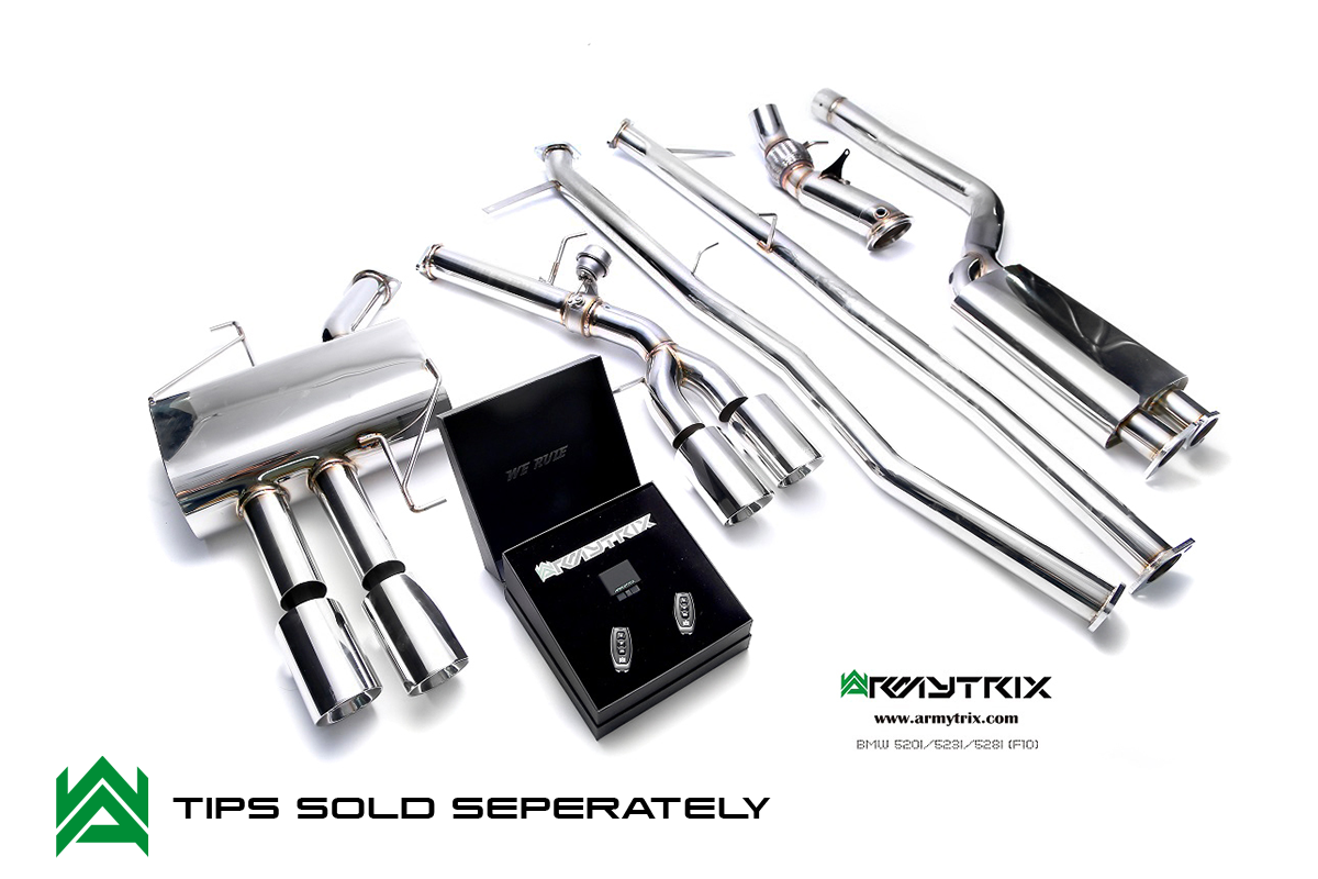Armytrix – Stainless Steel Front pipe with resonator + Mid pipe (L and R) + Valvetronic link pipe + Mufflers + Wireless remote control kit for BMW 5 SERIES F10 528I
