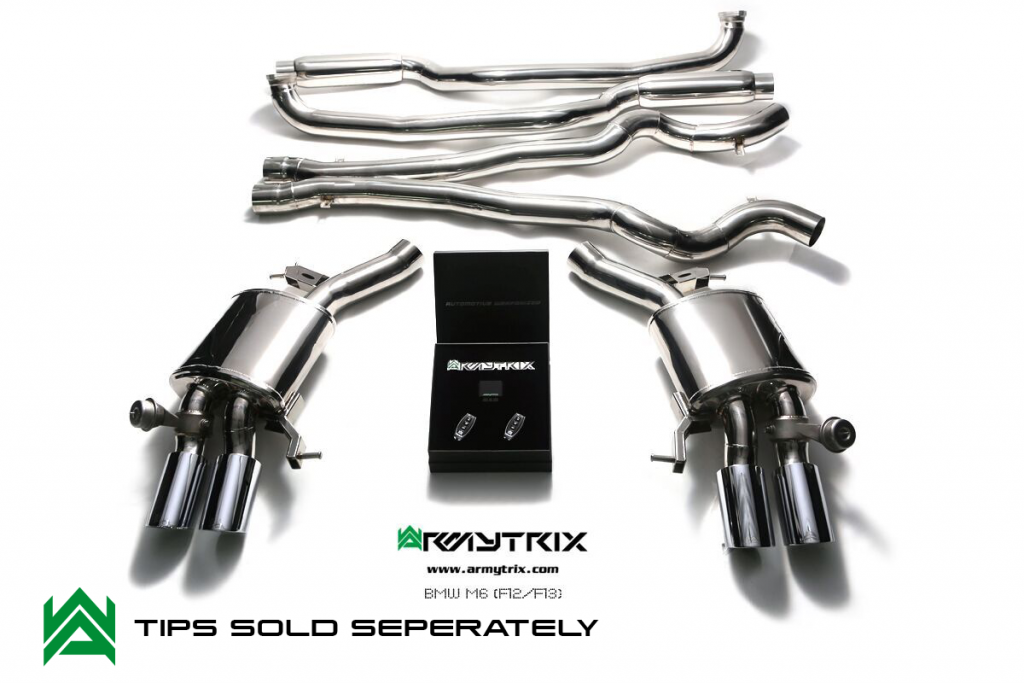 Armytrix – Stainless Steel Front pipe (L and R) + Mid Y pipe + Valvetronic mufflers (L and R) + Wireless remote control kit for BMW 6 SERIES F12 M6