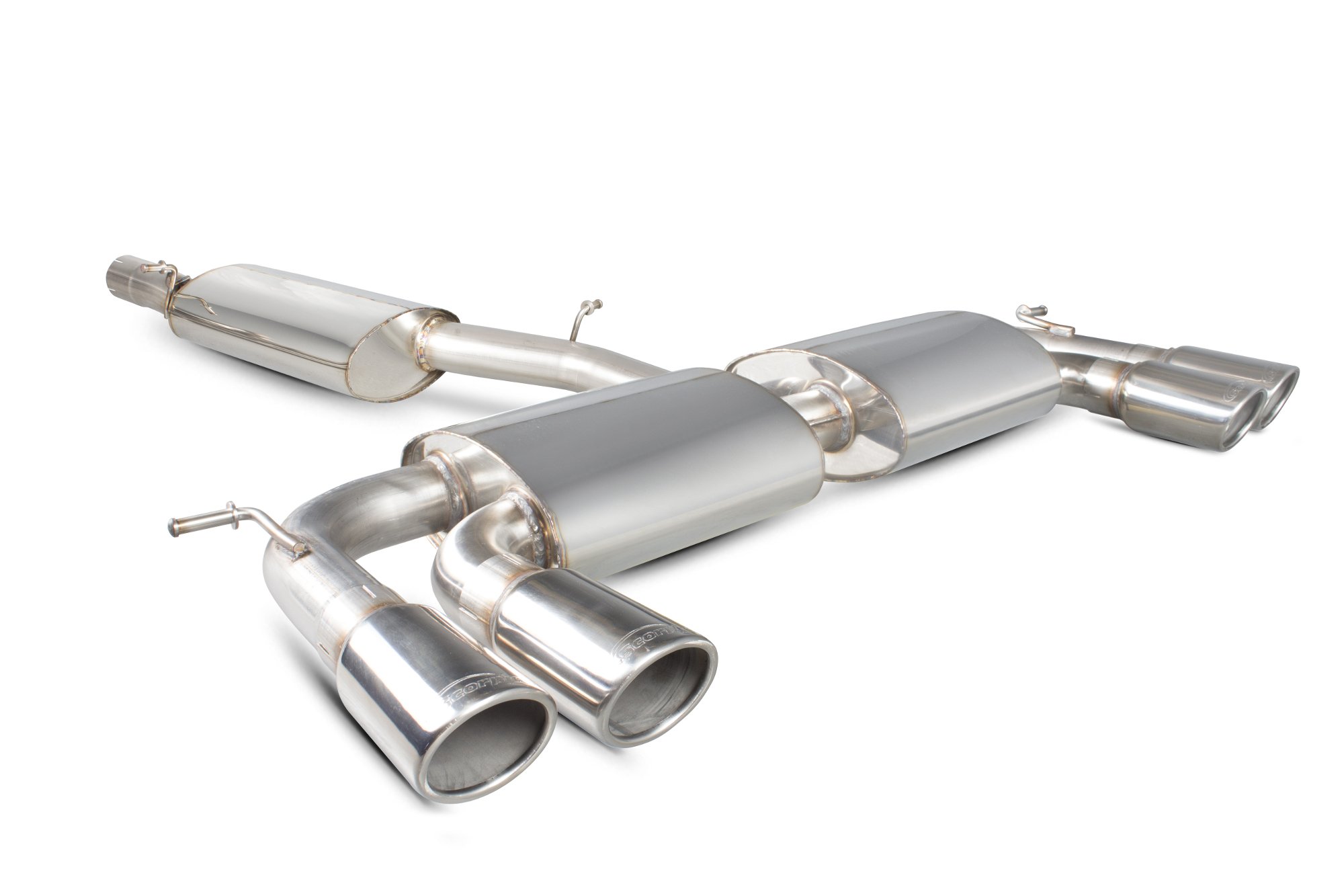 Scorpion Exhausts Volkswagen Golf MK7 R 2014 2016 Resonated cat-back system with no valves – Monaco (quad) Tips