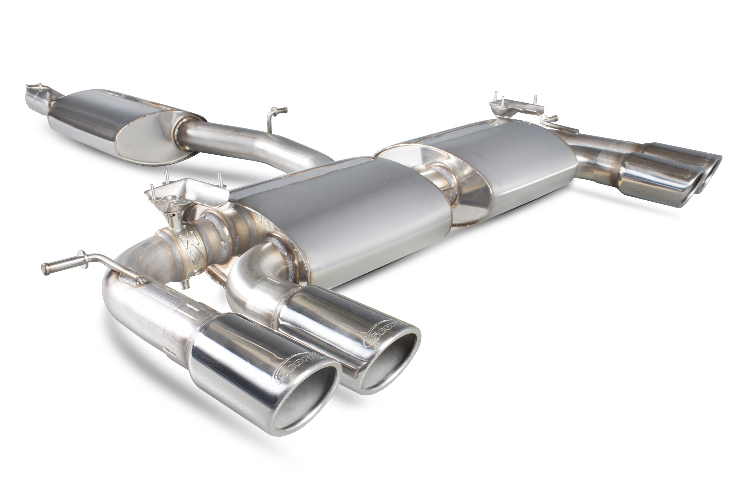 Scorpion Exhausts Volkswagen Golf MK7 R 2014 2016 Resonated cat-back system with electronic valves – Monaco (quad) Tips