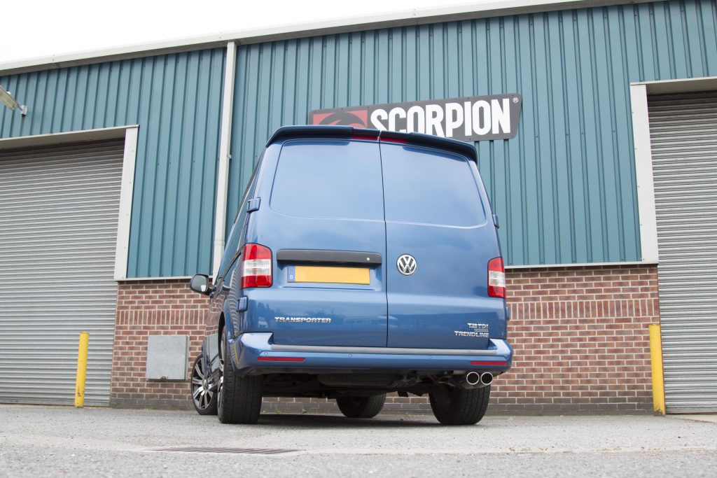 Scorpion Exhausts Volkswagen Transporter  T5 2.5TDi (03-09) / T5 2.0 (10-15) / T5 & T6 2.0 BiTDi (15-ON) SWB/LWD 2WD Resonated cat/DPF-back system – Monaco (twin) Tips