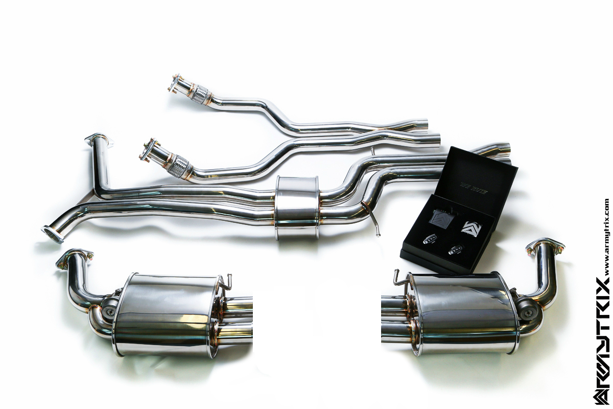 Armytrix – Stainless Steel Front Y pipe + Link pipe + Mid pipe with resonator + Valvetronic mufflers (L and R) + Wireless remote control kit for AUDI A7 C7 30 TFSI SPORTBACK