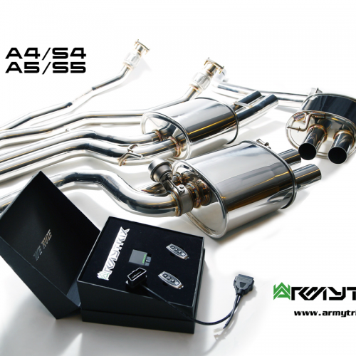 Armytrix – Stainless Steel Front Y pipe + Mid pipe with resonator + Valvetronic mufflers (L and R) + Wireless remote control kit for AUDI A5 B8 30 TFSI SPORTBACK