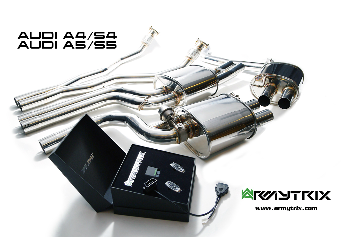 Armytrix – Stainless Steel Front Y pipe + Mid pipe with resonator + Valvetronic mufflers (L and R) + Wireless remote control kit for AUDI S4 B8 30 TFSI LIMOUSINE