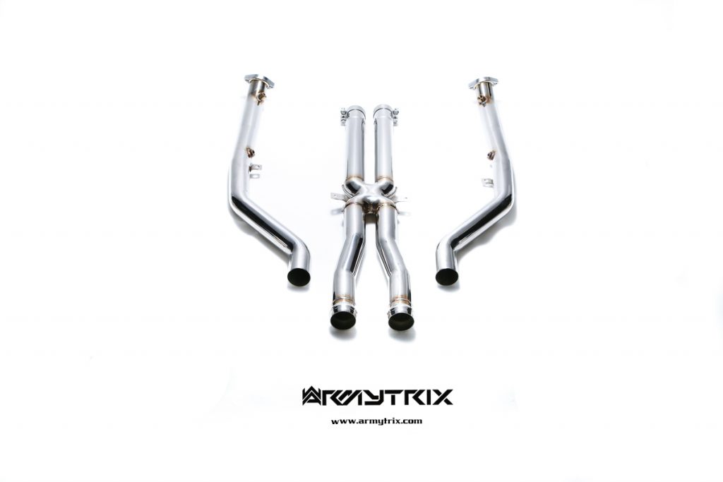 Armytrix – Stainless Steel High-flow performance decatted front pipe with cat simulator (L+R) + X-pipe for BMW 3 SERIES E90 M3