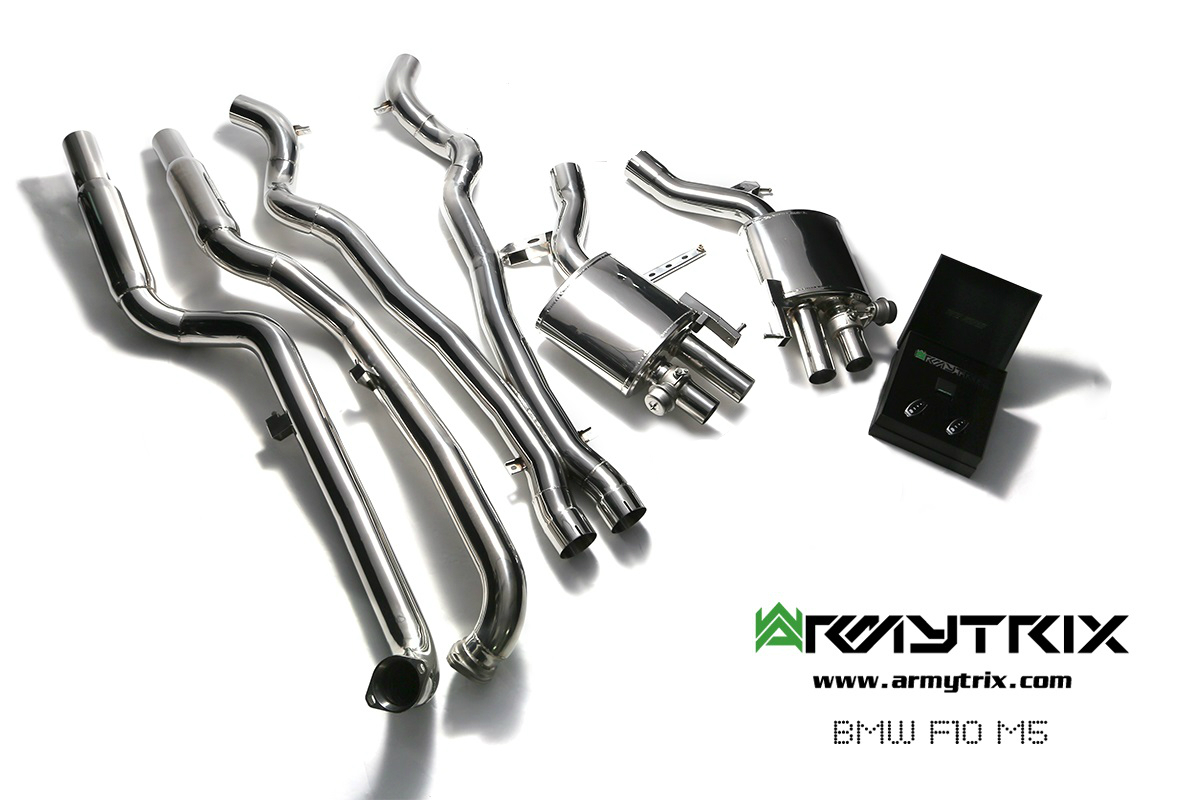 Armytrix – Stainless Steel Front pipe (L and R) + Mid Y pipe + Valvetronic mufflers (L and R) + Wireless remote control kit for BMW 5 SERIES F10 M5