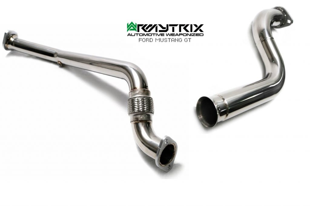 Armytrix – Stainless Steel High-Flow Performance Decatted Pipe with Cat-simulator (R) + Link pipe (L) for FORD MUSTANG GT MK6 50L COUPE