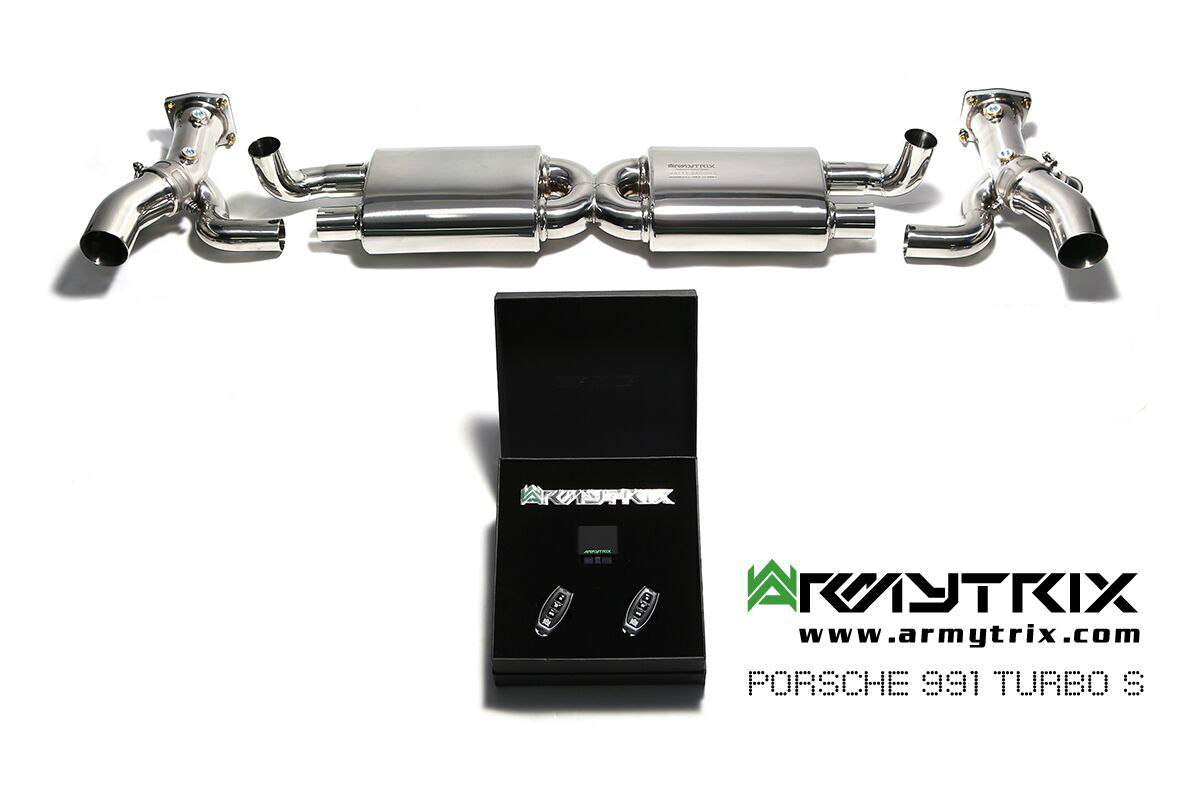 Armytrix – Stainless Steel De-catted Pipe with Valvetronic X Muffler + Wireless Remote Control Kit for PORSCHE 911 991 MK1 38L TURBO S