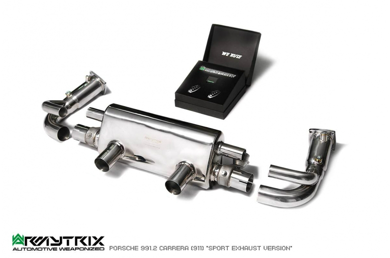 Armytrix – Stainless Steel De-catted pipe with cat simulator + Valvetronic Muffler + Wireless Remote Control Kit + link pipe for PORSCHE 911 991 MK2 30L CARRERA